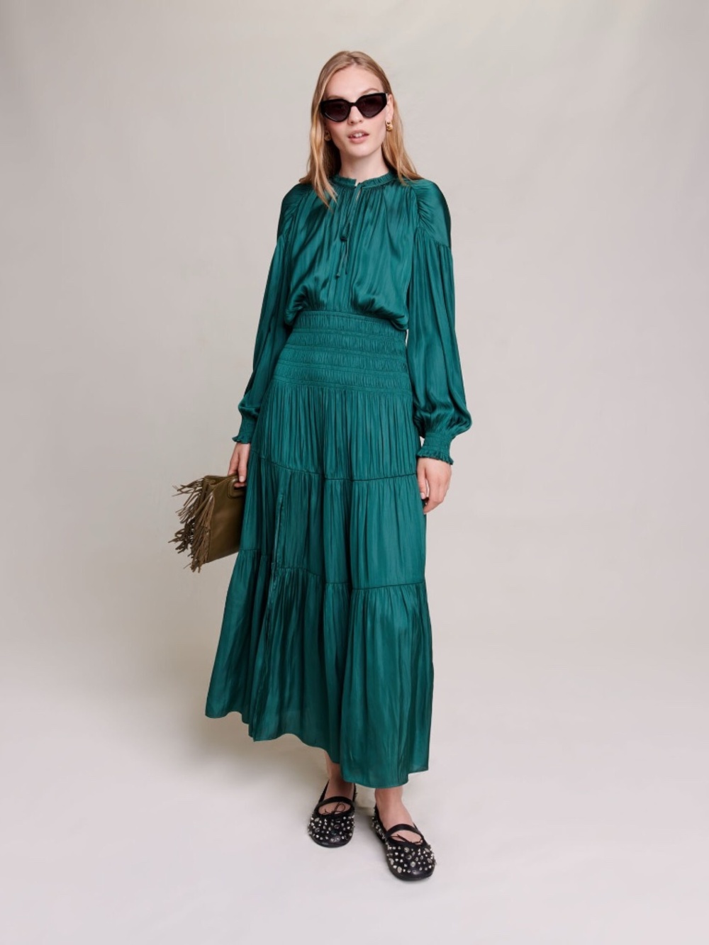 Maje Emerald Green Satin-Look Smocked Maxi Dress
